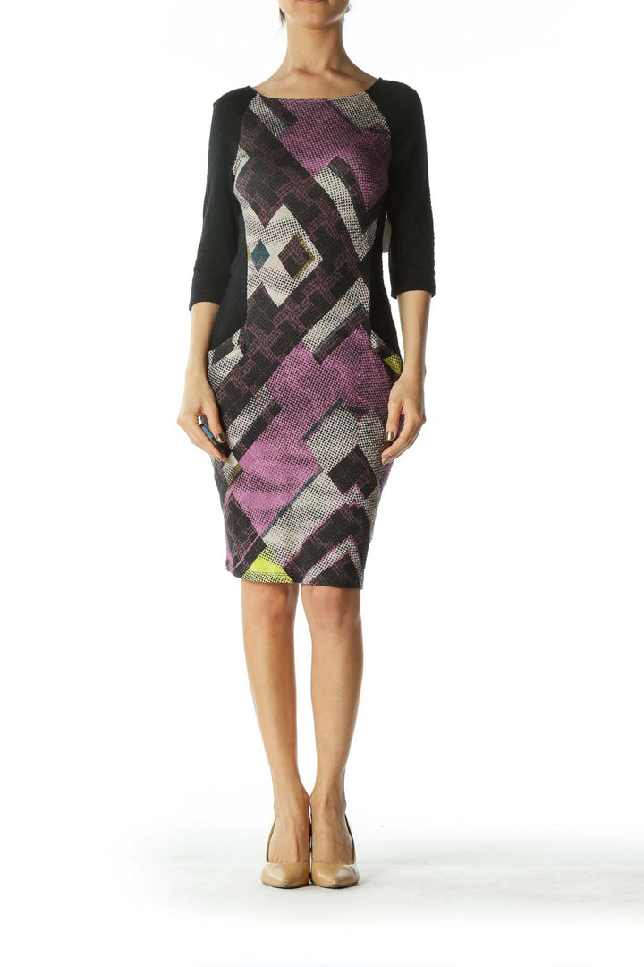 Black and Multicolored Patterned Bodycon Dress