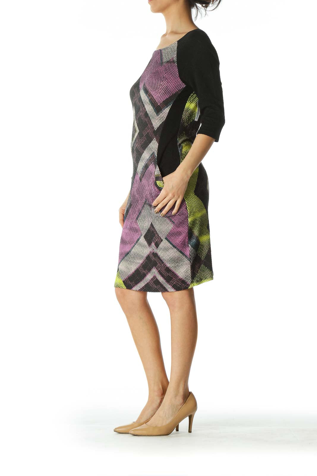 Black and Multicolored Patterned Bodycon Dress