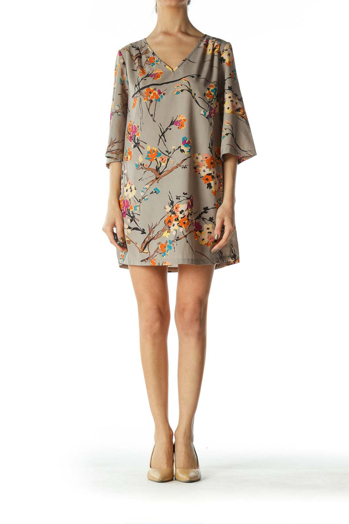 Multicolored Flared-3/4 Sleeves Floral-Print Day Dress