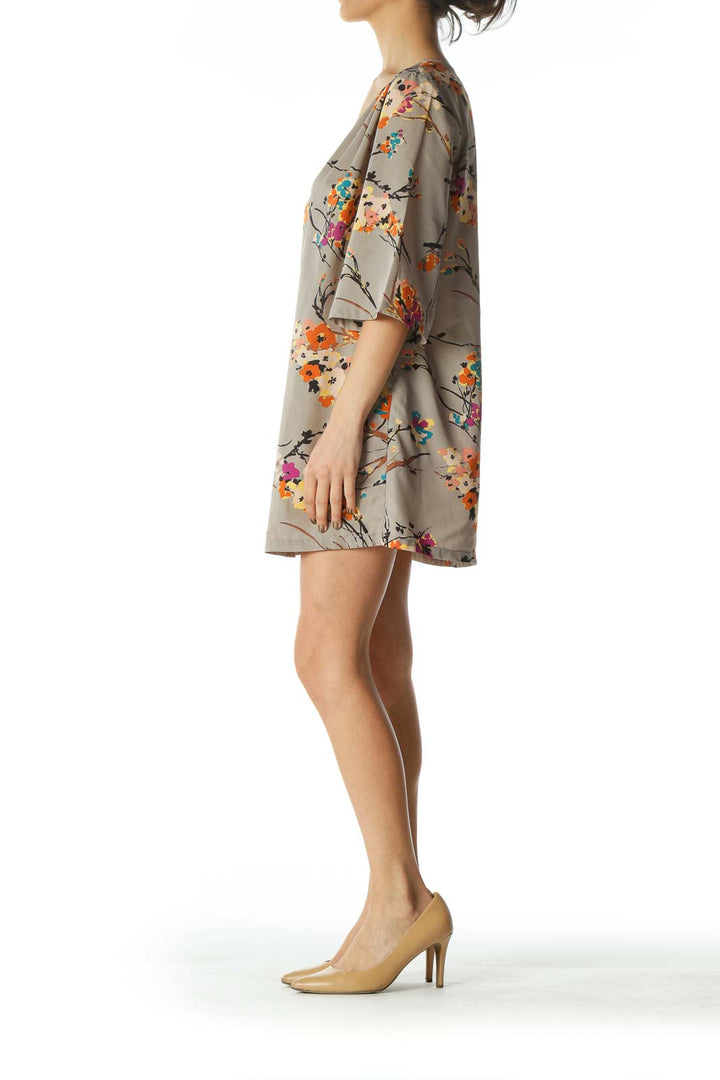 Multicolored Flared-3/4 Sleeves Floral-Print Day Dress