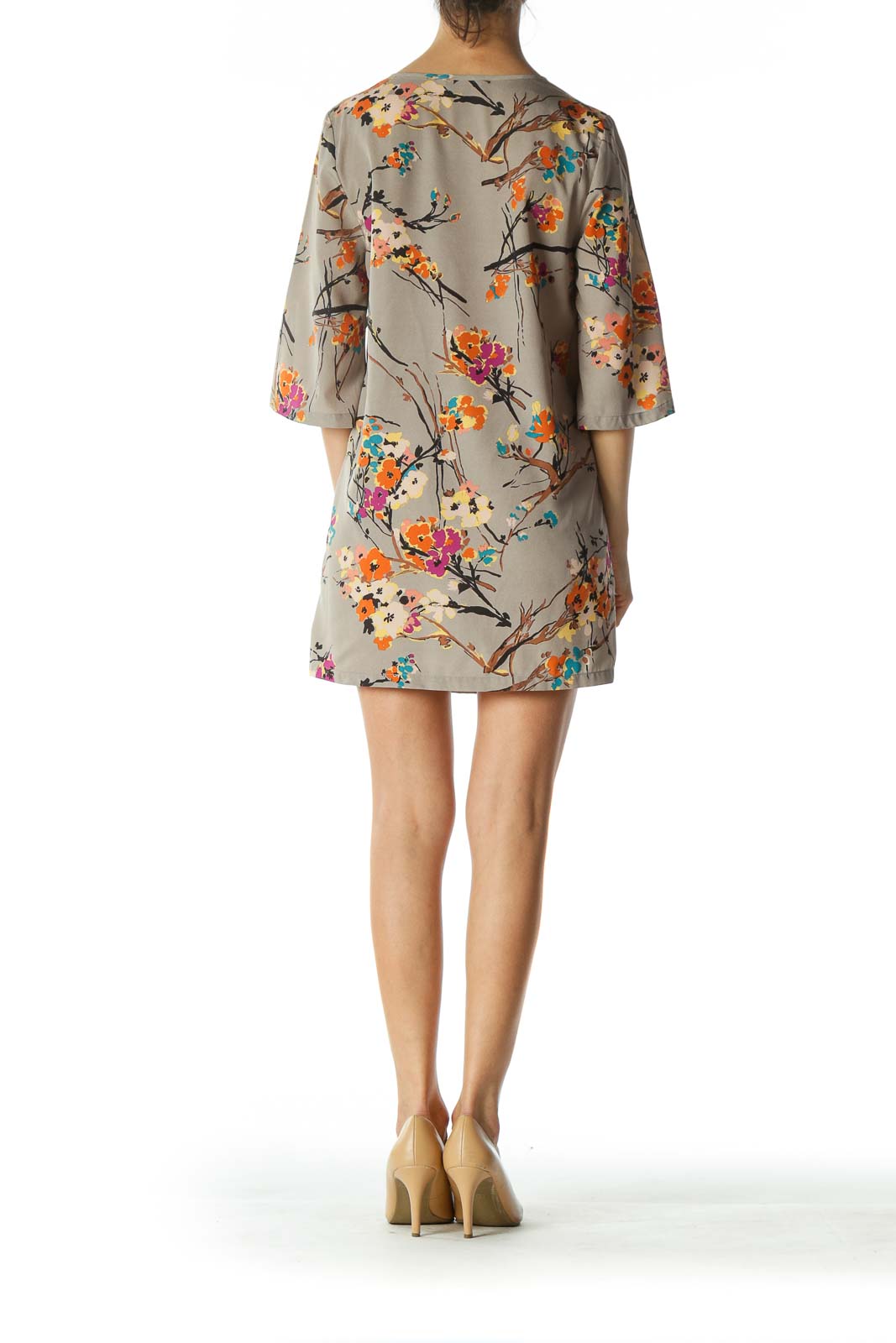 Multicolored Flared-3/4 Sleeves Floral-Print Day Dress