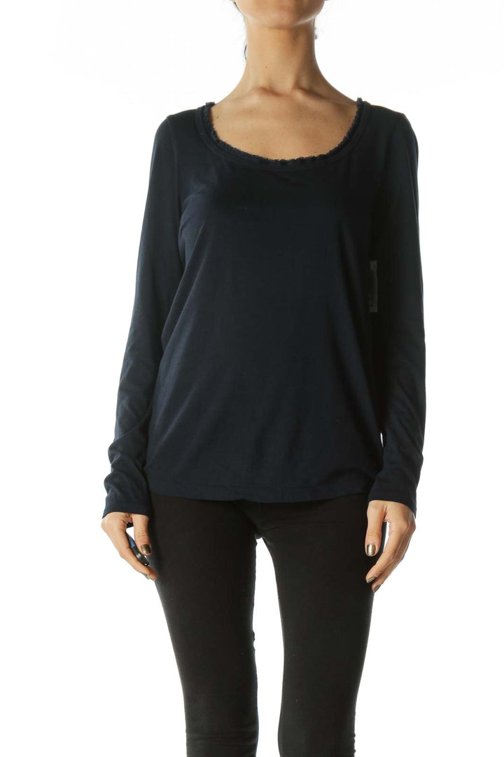 Navy Fringed Boat Neckline Long Sleeve Top