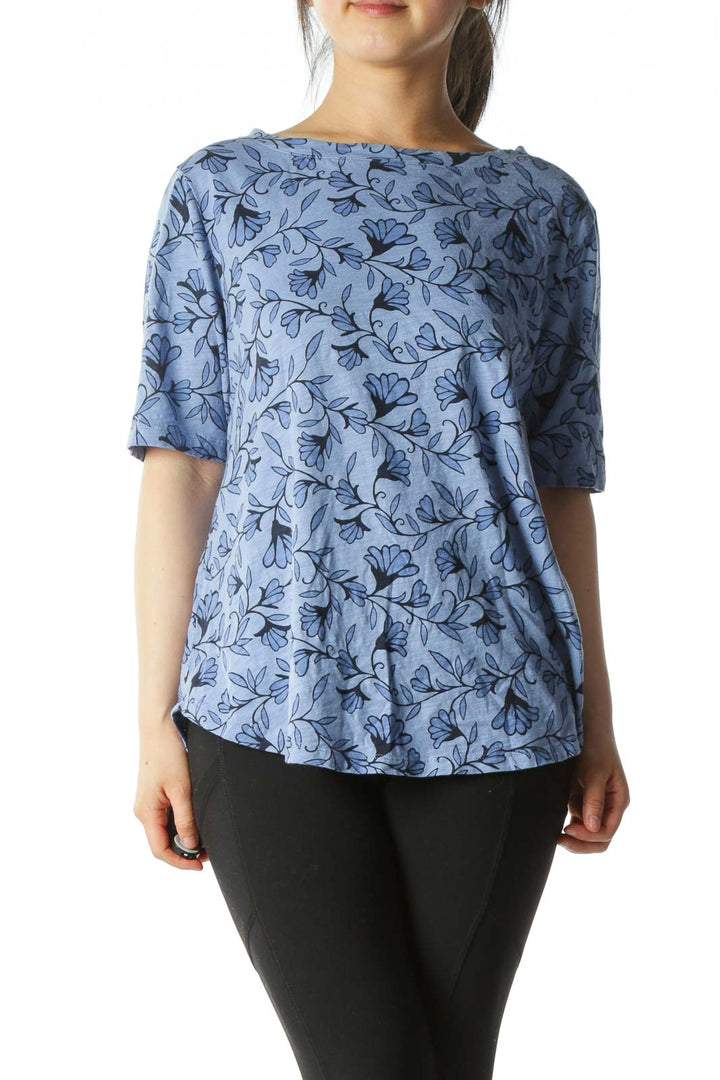 Blue Floral Design Crew-Neck T-Shirt