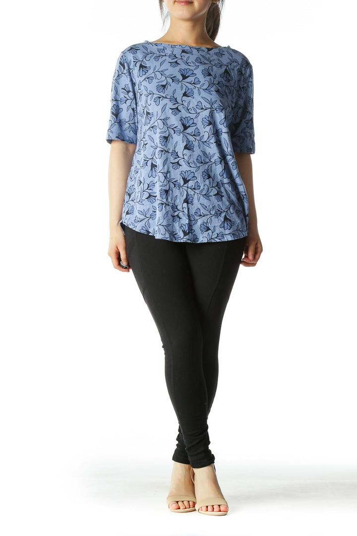 Blue Floral Design Crew-Neck T-Shirt