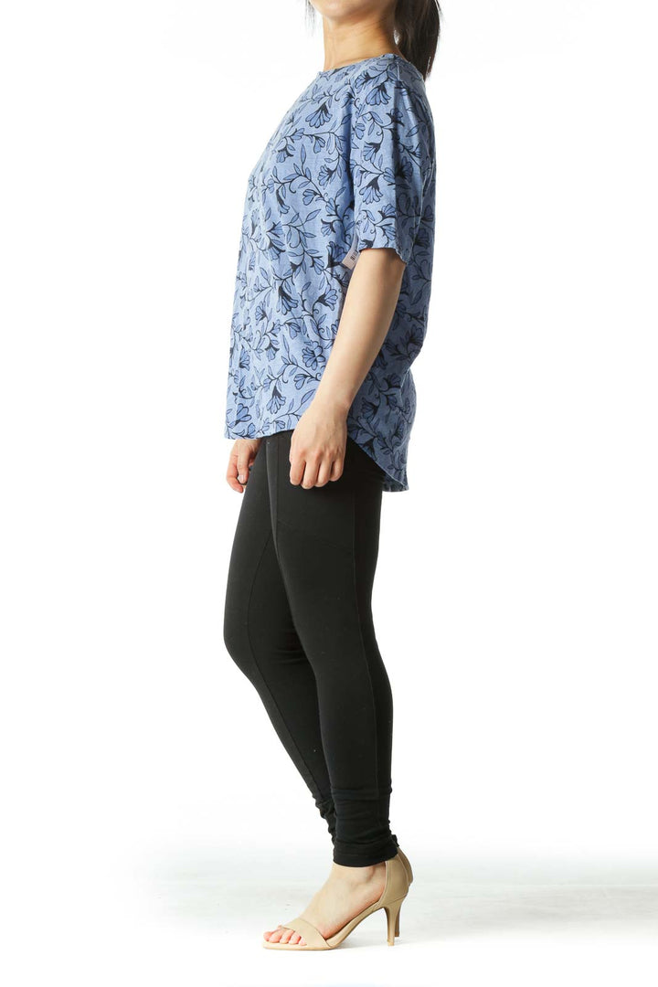 Blue Floral Design Crew-Neck T-Shirt