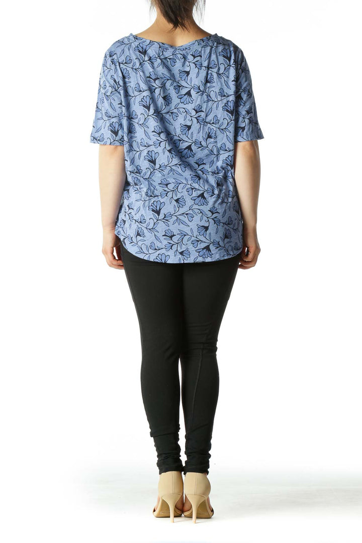 Blue Floral Design Crew-Neck T-Shirt