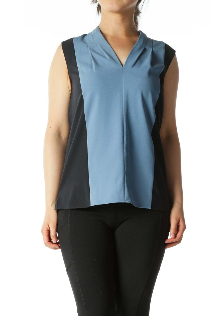 Light Blue and Navy Color-Block V-Neck Sleeveless Blouse