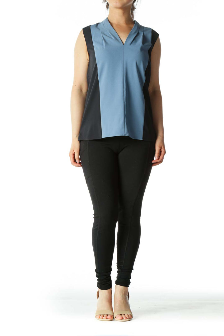 Light Blue and Navy Color-Block V-Neck Sleeveless Blouse