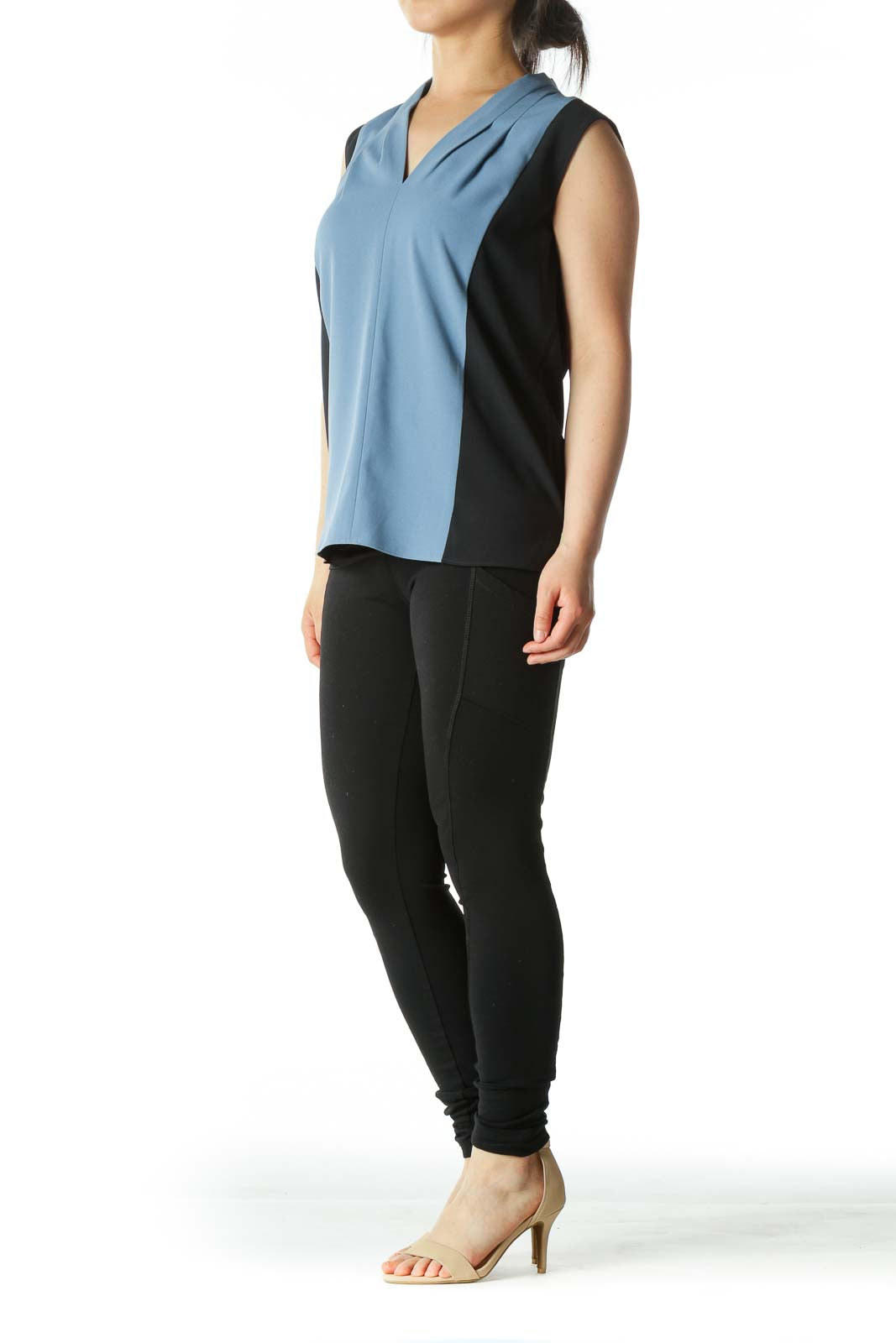 Light Blue and Navy Color-Block V-Neck Sleeveless Blouse