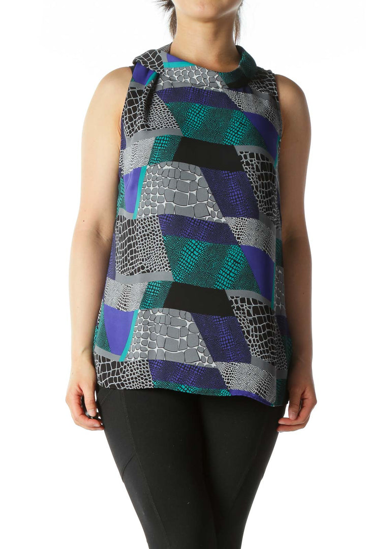 Green Blue and Gray Graphic Color-Block Cowl-Neck Blouse