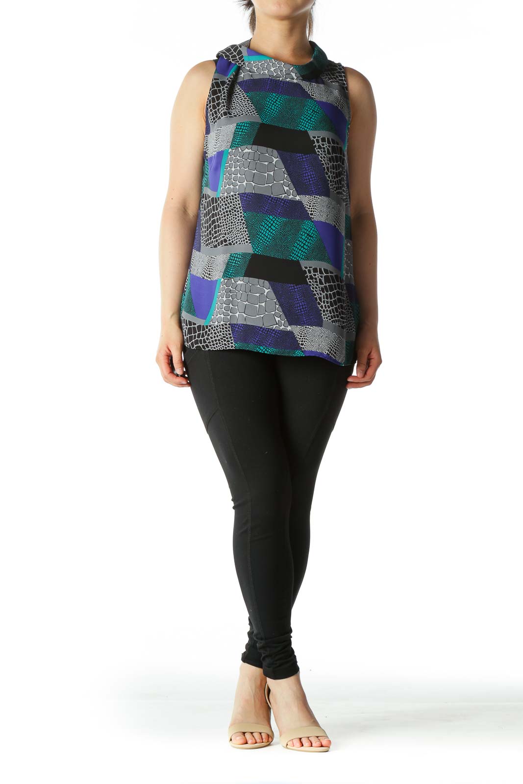 Green Blue and Gray Graphic Color-Block Cowl-Neck Blouse