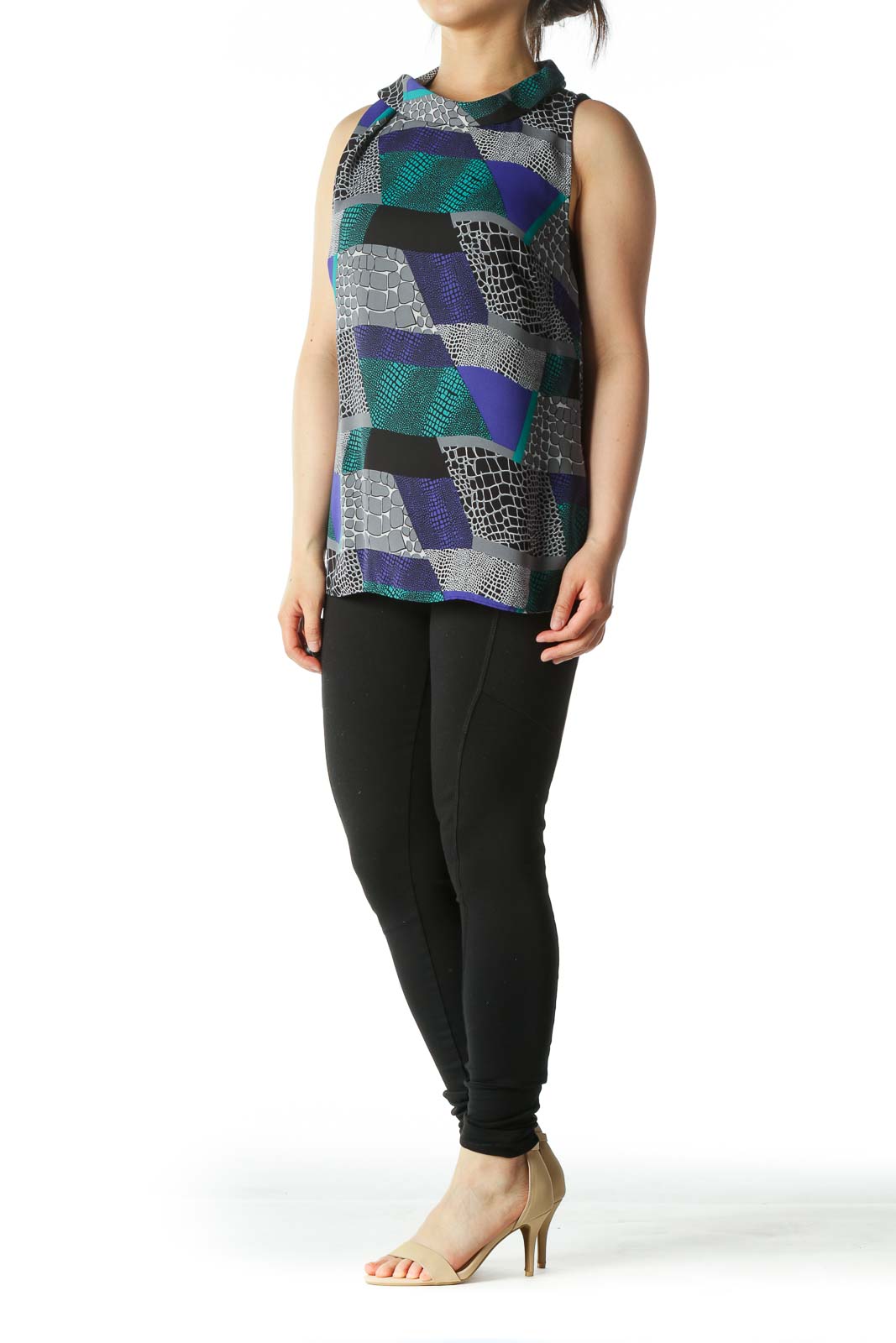 Green Blue and Gray Graphic Color-Block Cowl-Neck Blouse