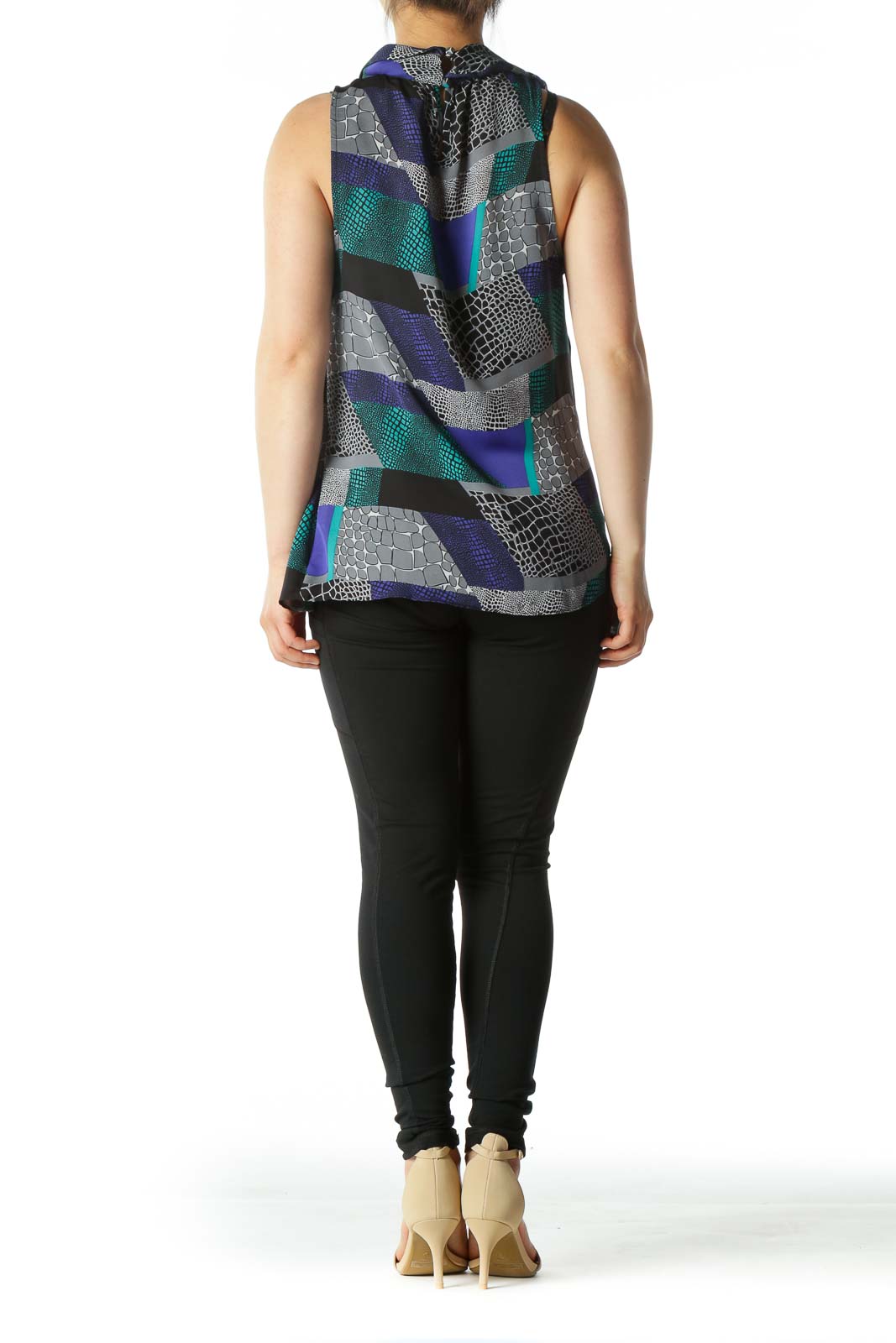 Green Blue and Gray Graphic Color-Block Cowl-Neck Blouse