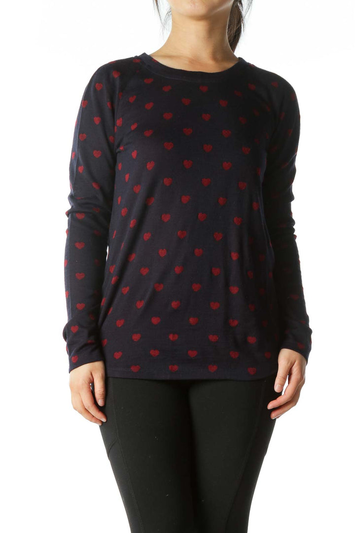 Navy Heart-Print Crew-Neck Sweater