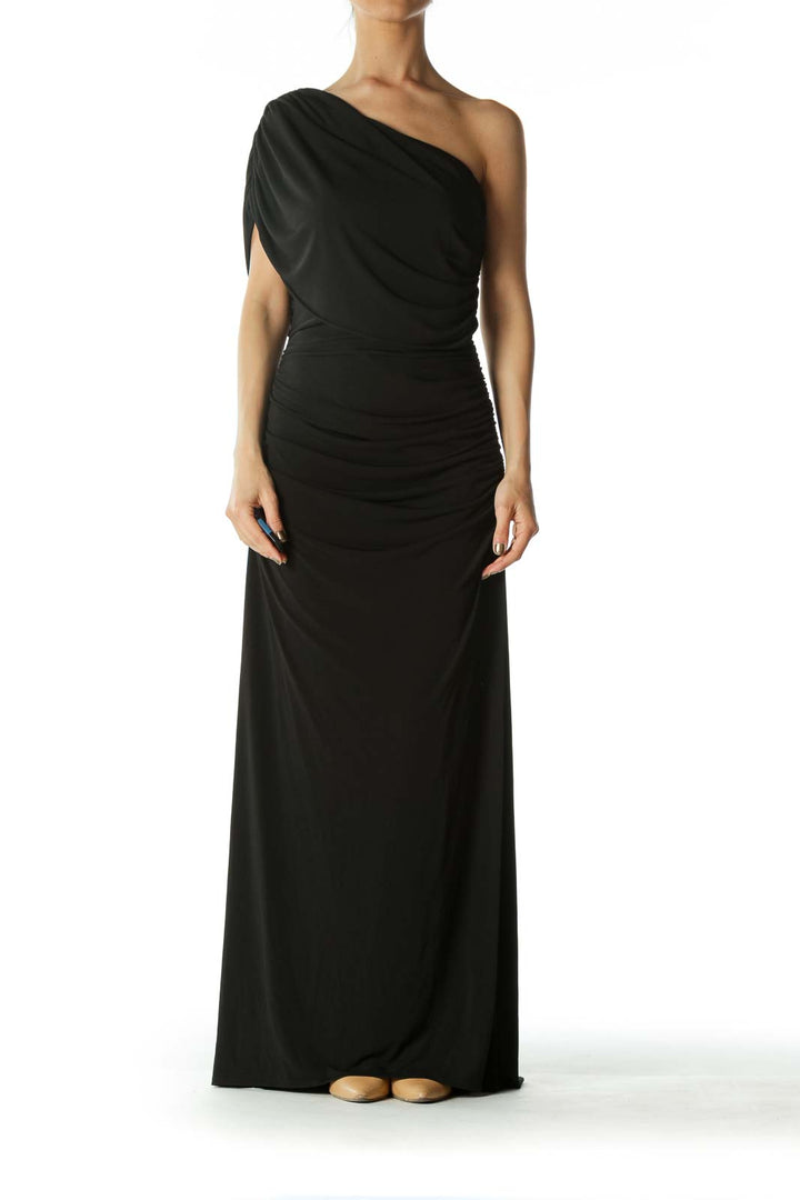 Black One Shoulder Evening Dress With Bejeweled Strap