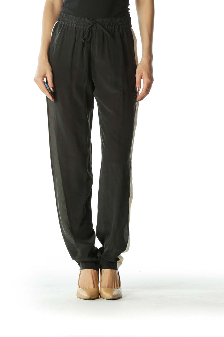 Black and Beige 100% Silk Pants