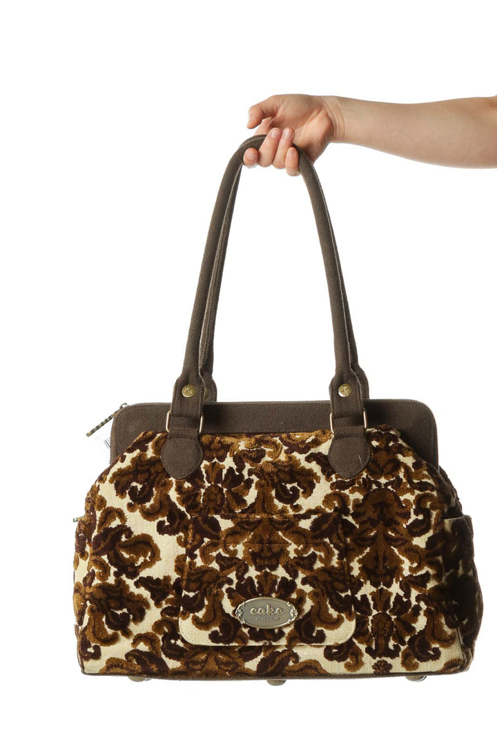 Brown Brocade-Embroidered Vintage-Inspired Bucket Tote