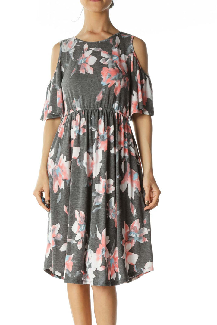 Gray and Pink Floral Print Cold Shoulder Dress