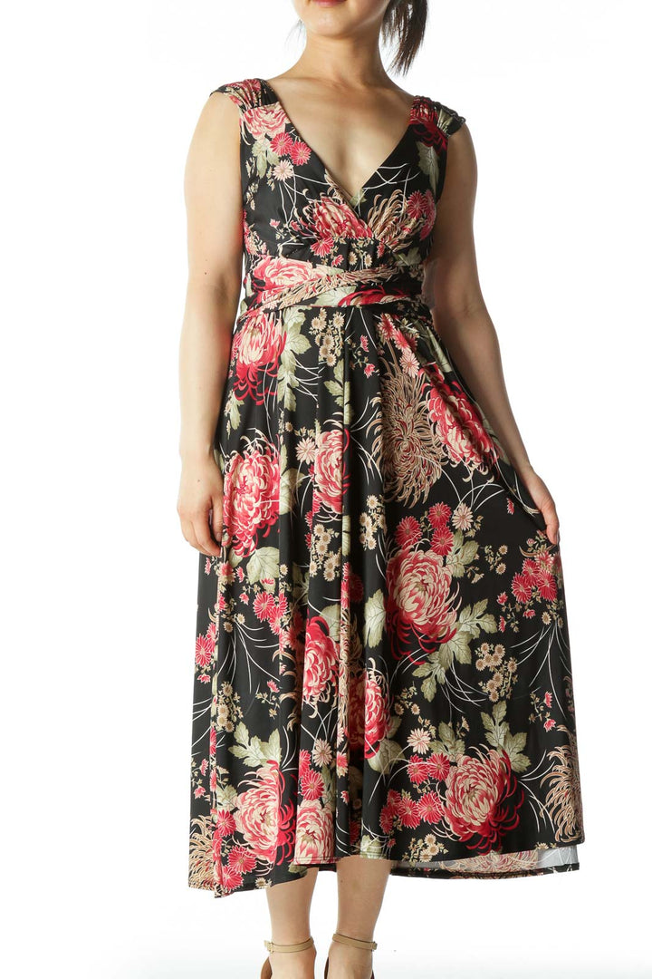 Black and Multicolor Floral Print Dress