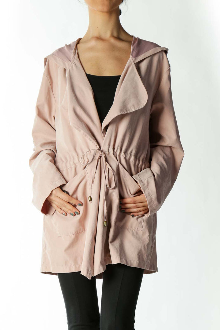 Pink Beige Zip Waist Tie Parka Jacket