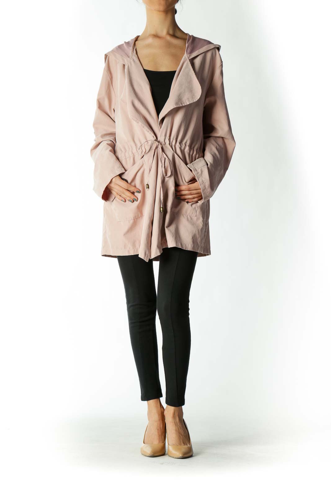 Pink Beige Zip Waist Tie Parka Jacket