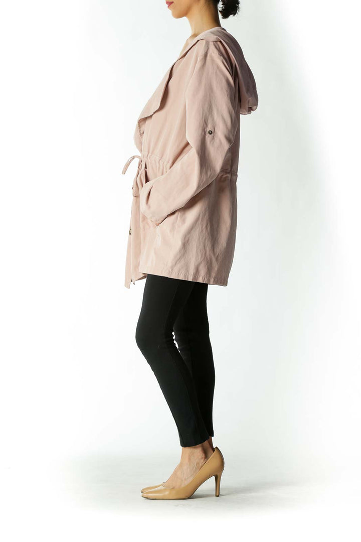 Pink Beige Zip Waist Tie Parka Jacket