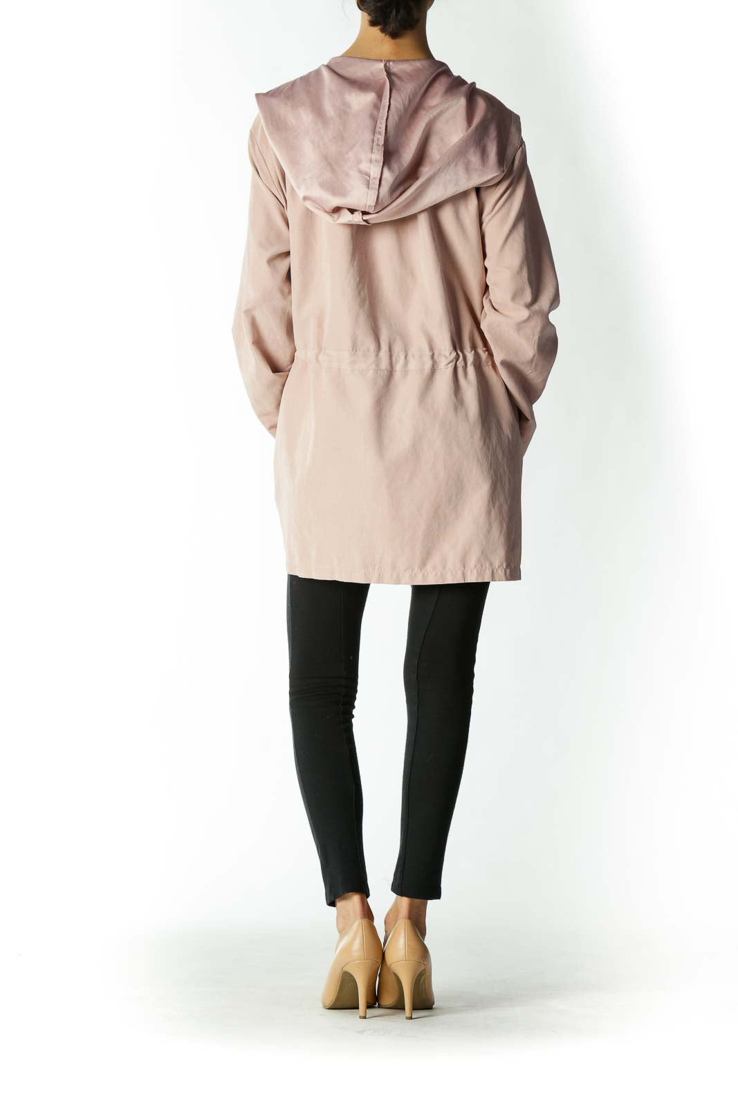 Pink Beige Zip Waist Tie Parka Jacket