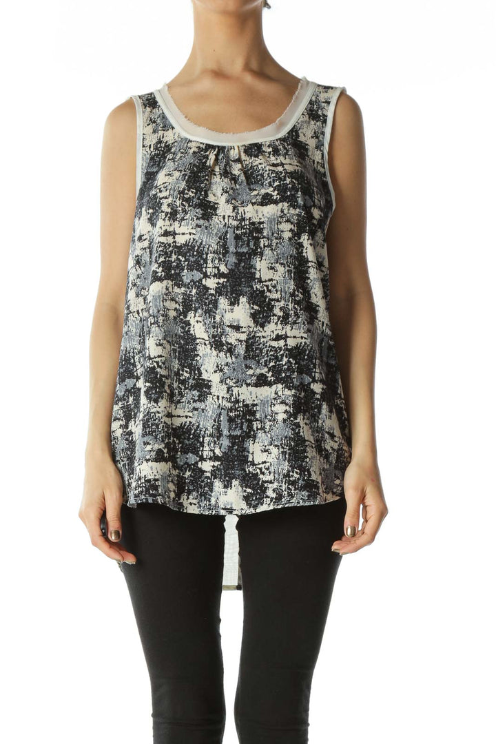 Navy White and Gray Abstract Graphic Sleeveless Blouse with Raw Hem Neckline