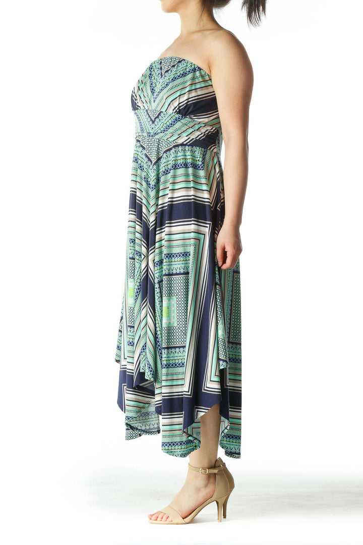 Blue and Green Patterned Strapless Dress