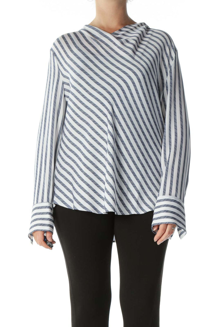 White and Navy Striped Cowl-Neck Long-Sleeve Blouse