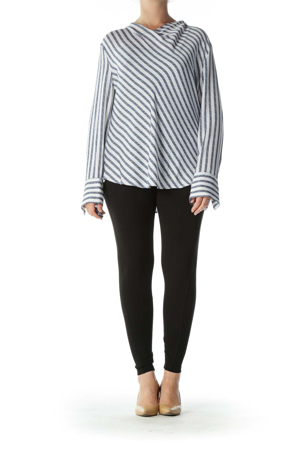 White and Navy Striped Cowl-Neck Long-Sleeve Blouse