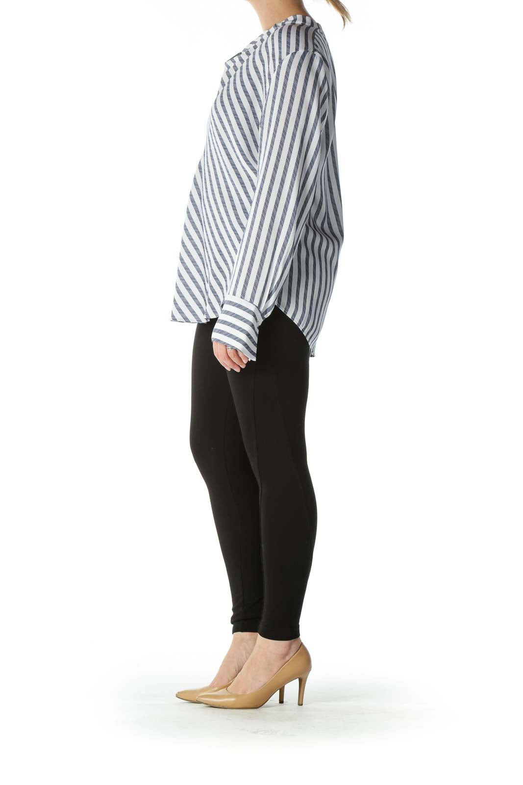 White and Navy Striped Cowl-Neck Long-Sleeve Blouse