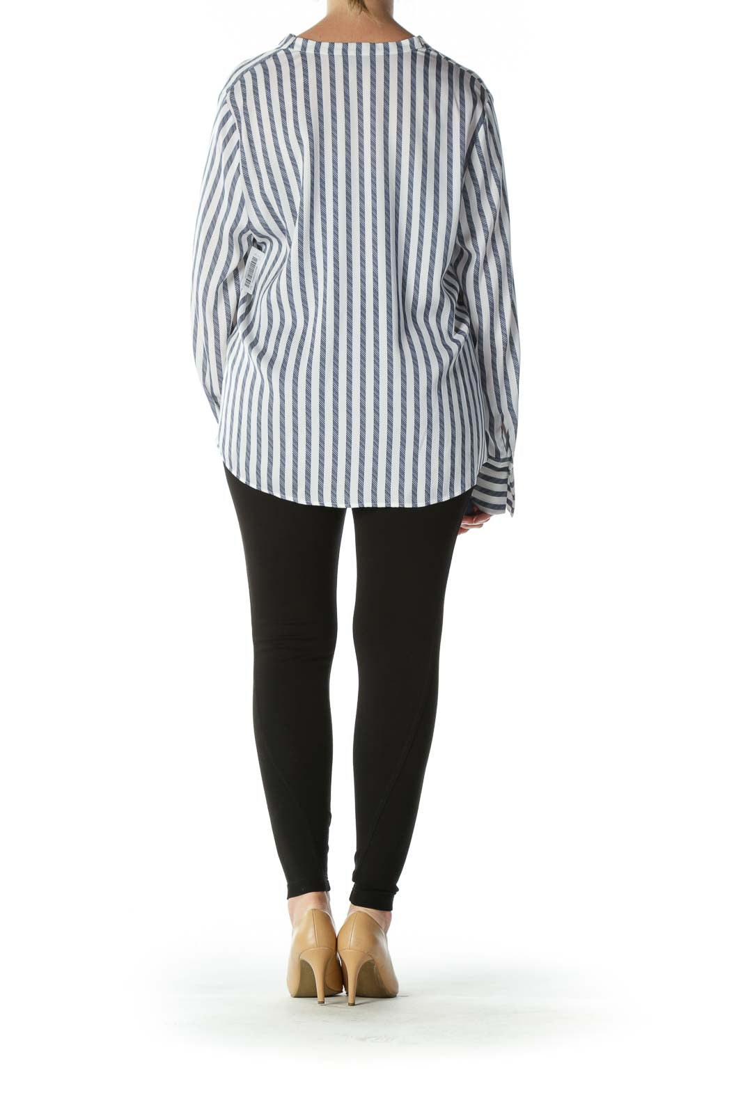 White and Navy Striped Cowl-Neck Long-Sleeve Blouse