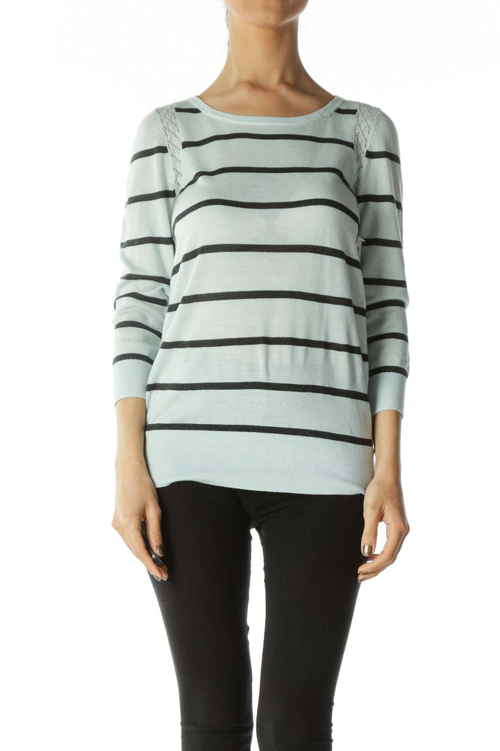 Light-Blue Gray Striped Lace-Detailing Sweater