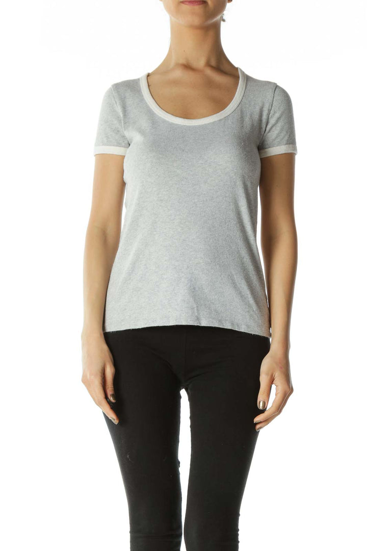 Gray Scoop-Neck Tee with White Neck and Sleeve Bands