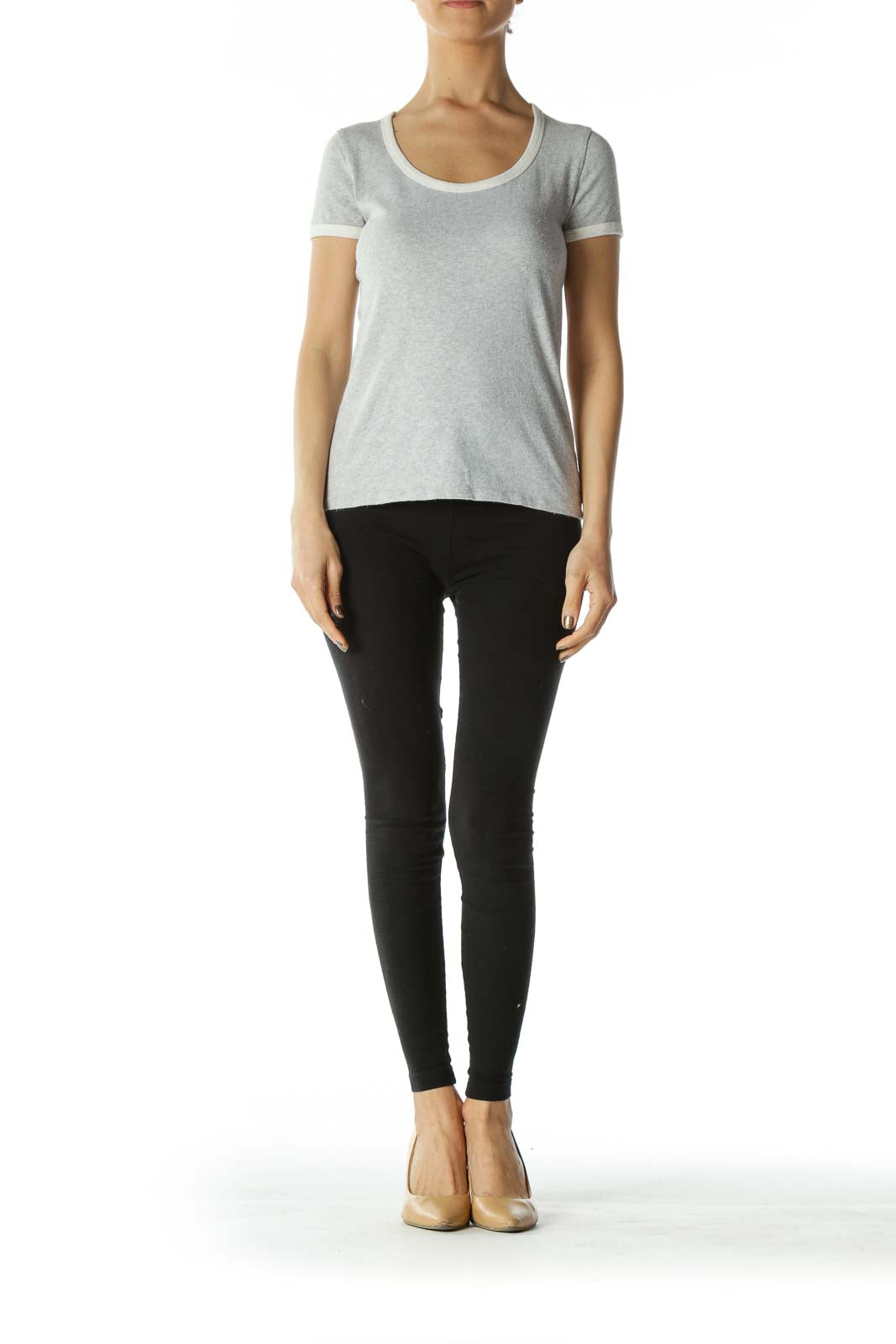 Gray Scoop-Neck Tee with White Neck and Sleeve Bands