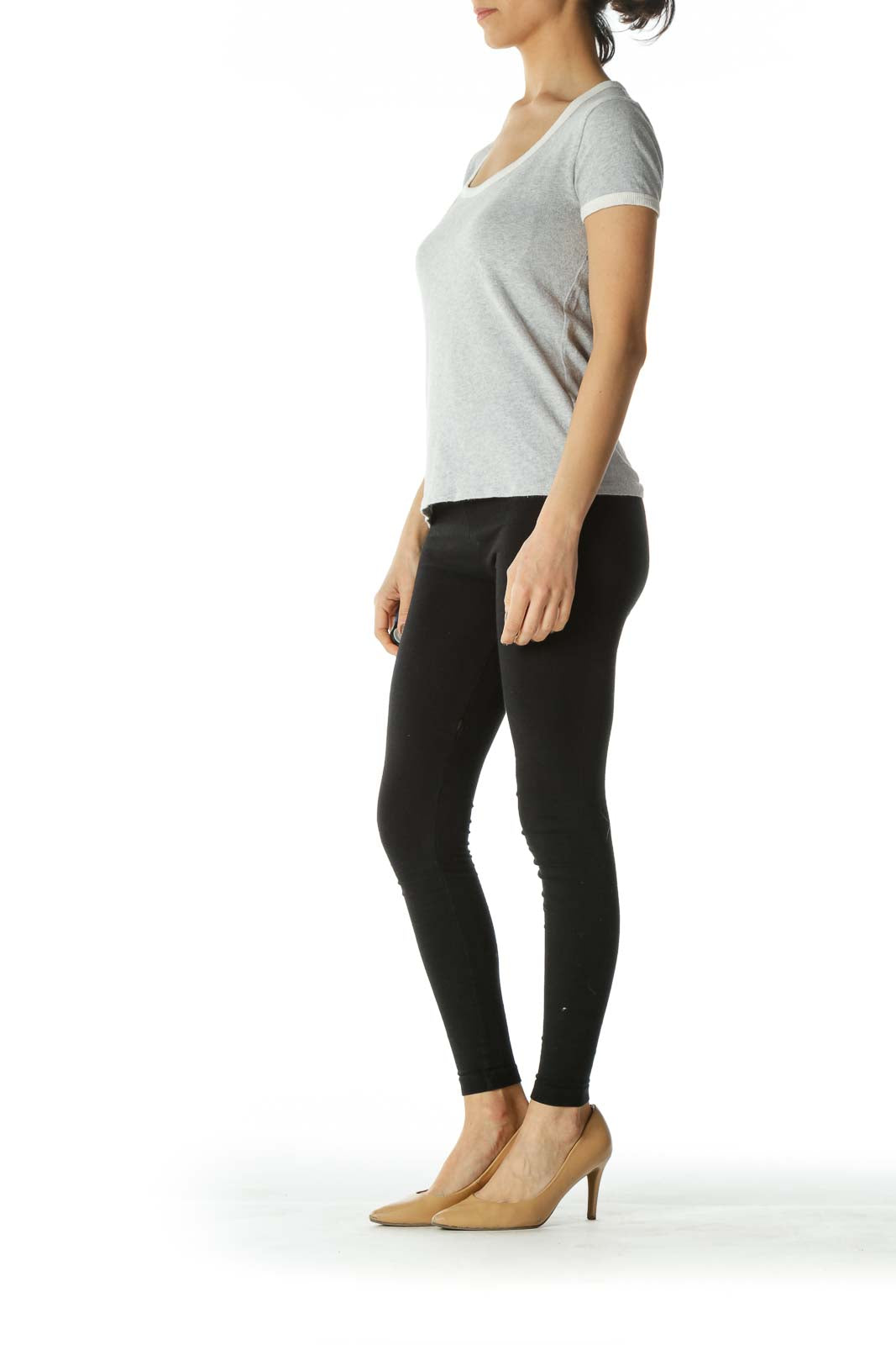 Gray Scoop-Neck Tee with White Neck and Sleeve Bands