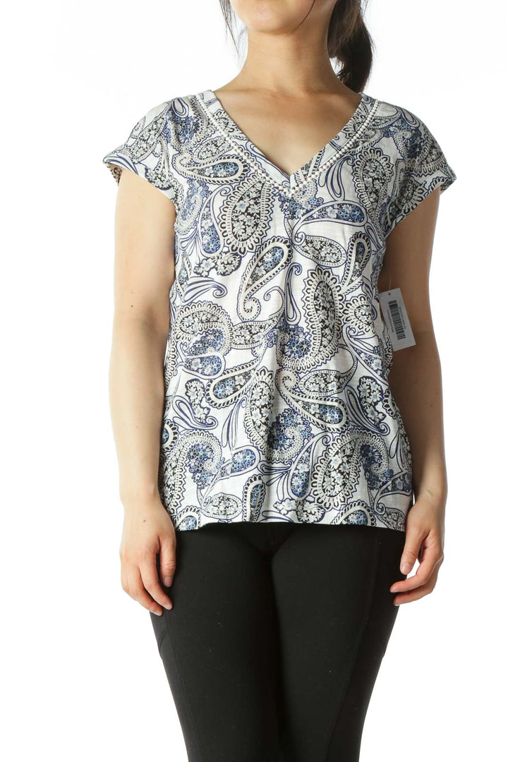 Blue/White/Black Paisleys-Print V-Neck T-Shirt