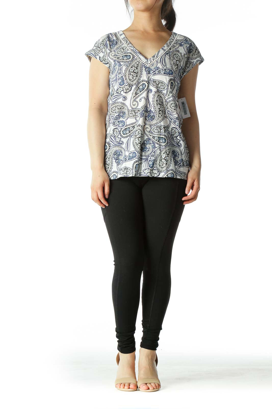 Blue/White/Black Paisleys-Print V-Neck T-Shirt