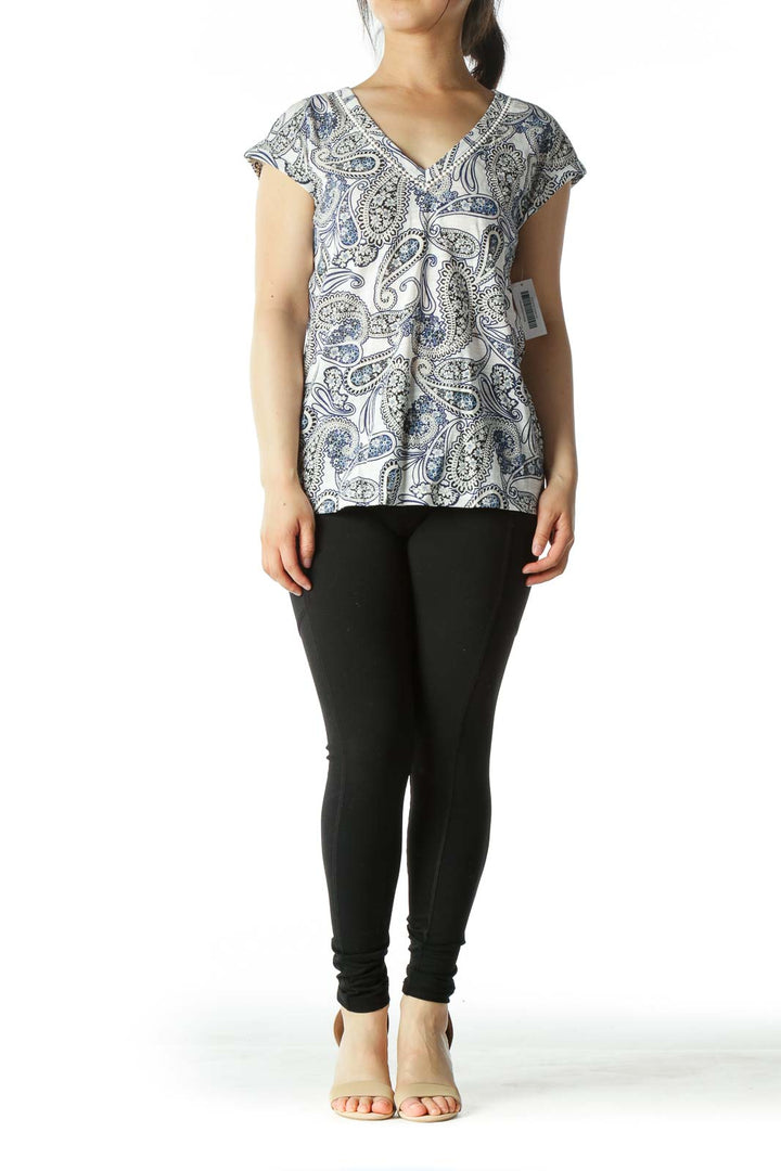 Blue/White/Black Paisleys-Print V-Neck T-Shirt