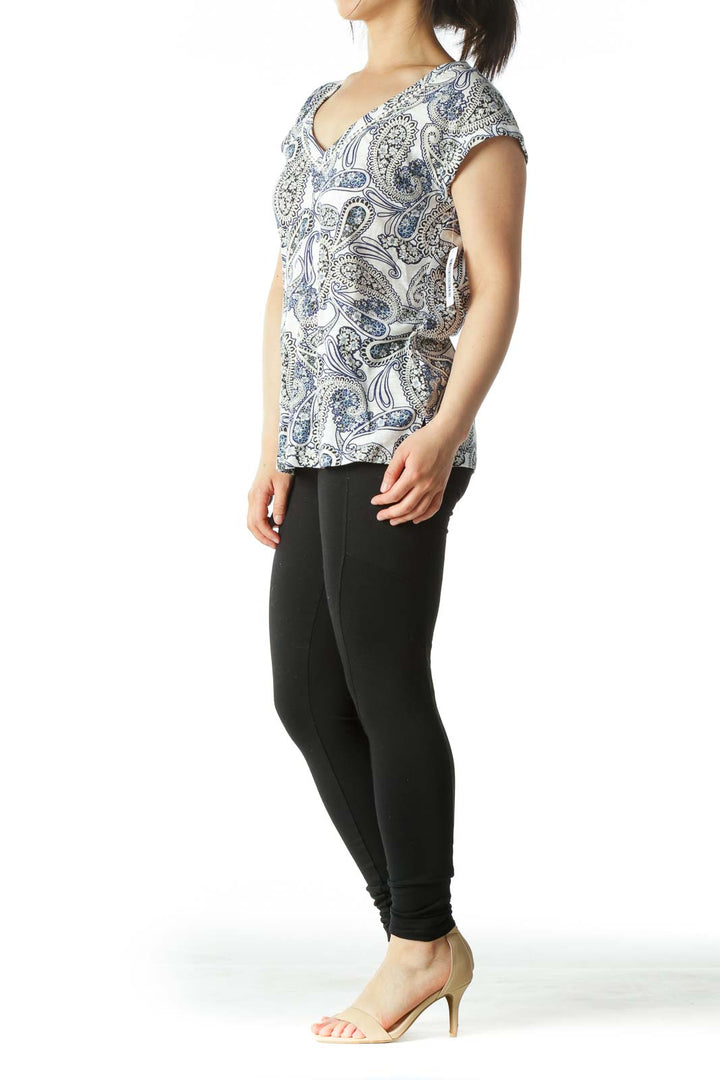 Blue/White/Black Paisleys-Print V-Neck T-Shirt