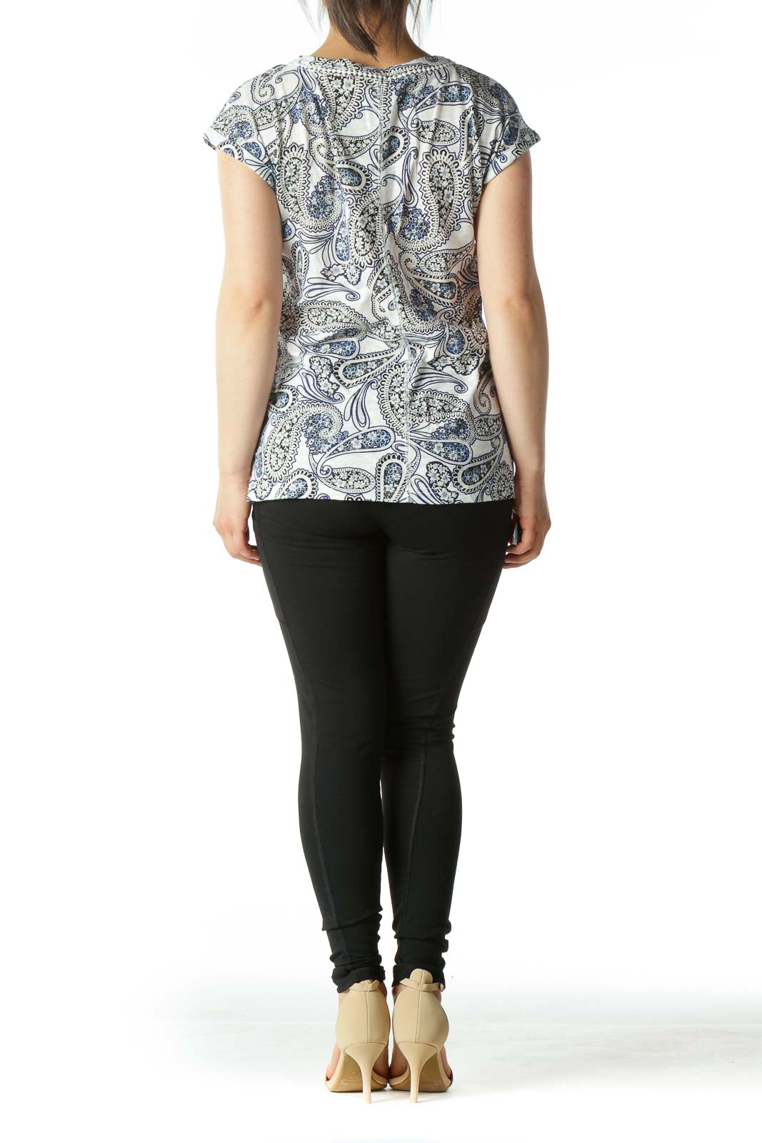 Blue/White/Black Paisleys-Print V-Neck T-Shirt