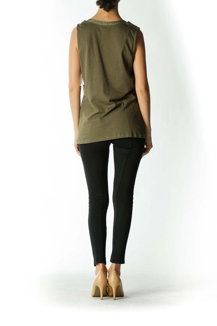 Olive Tank with Faux-Satin Breast Pockets and Piping