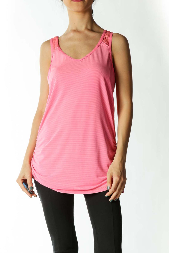 Pink Mesh-Back Scrunched-Waist Micro-Striped Yoga Tank