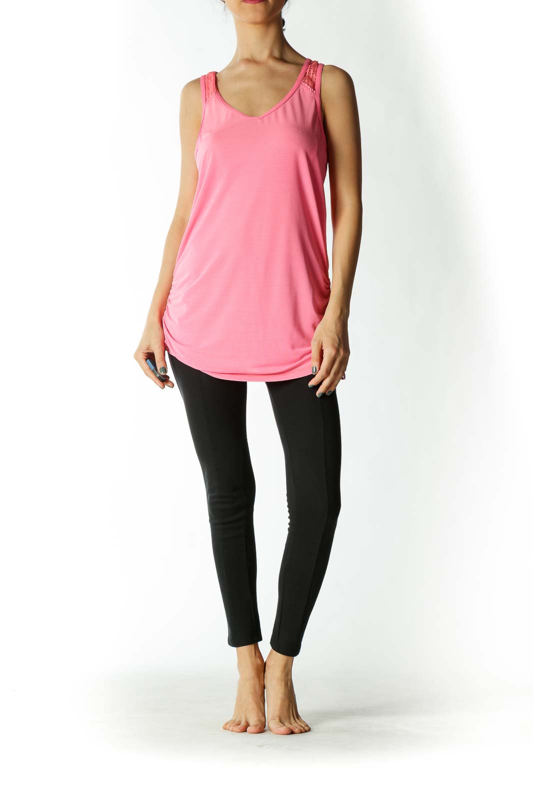 Pink Mesh-Back Scrunched-Waist Micro-Striped Yoga Tank