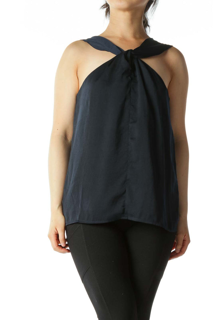 Navy Cross-Front Keyhole Sleeveless Blouse