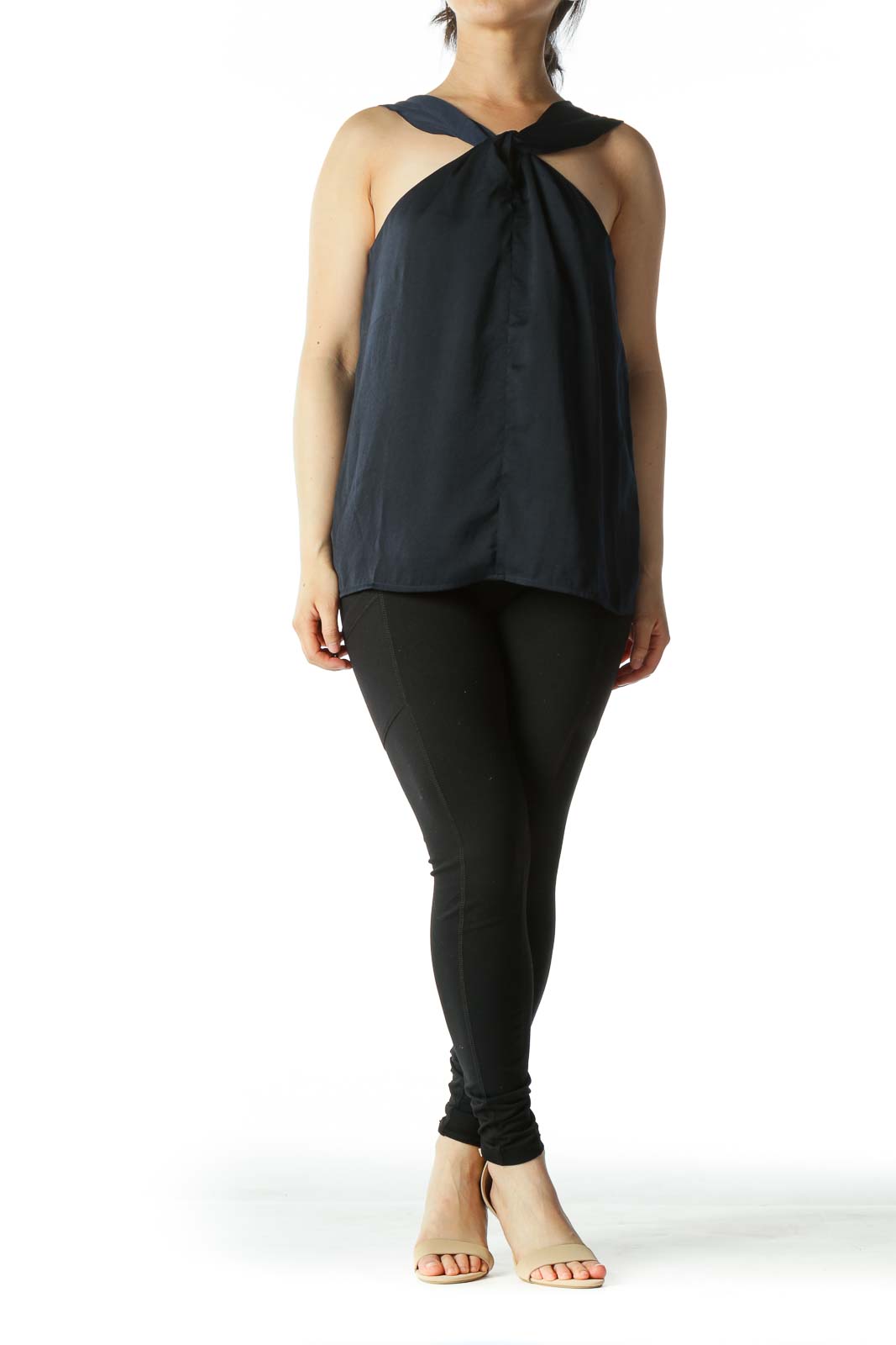 Navy Cross-Front Keyhole Sleeveless Blouse