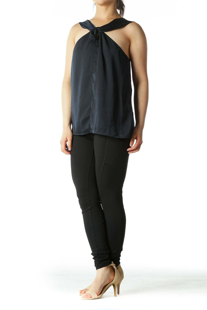 Navy Cross-Front Keyhole Sleeveless Blouse