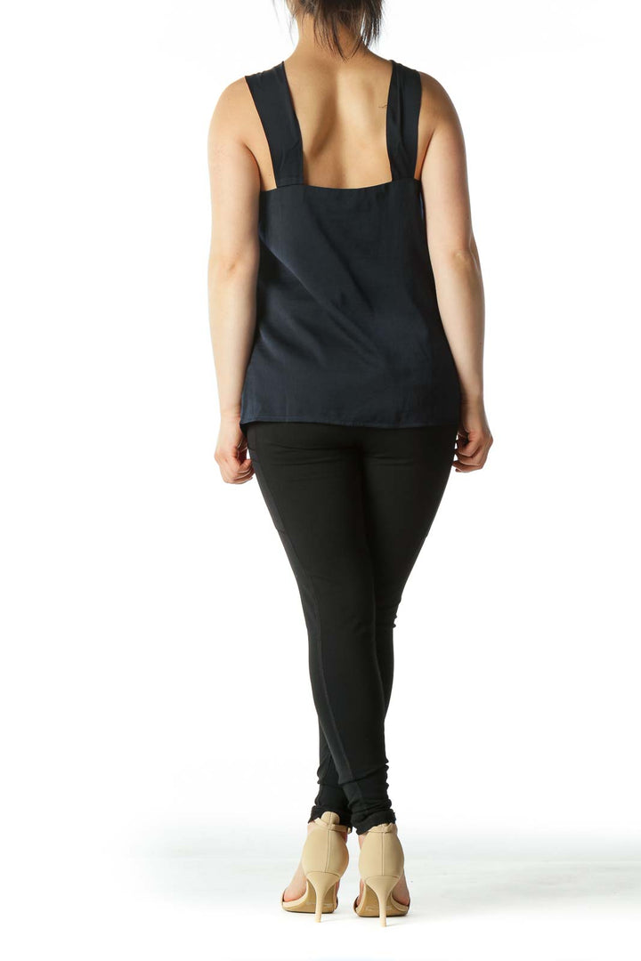 Navy Cross-Front Keyhole Sleeveless Blouse