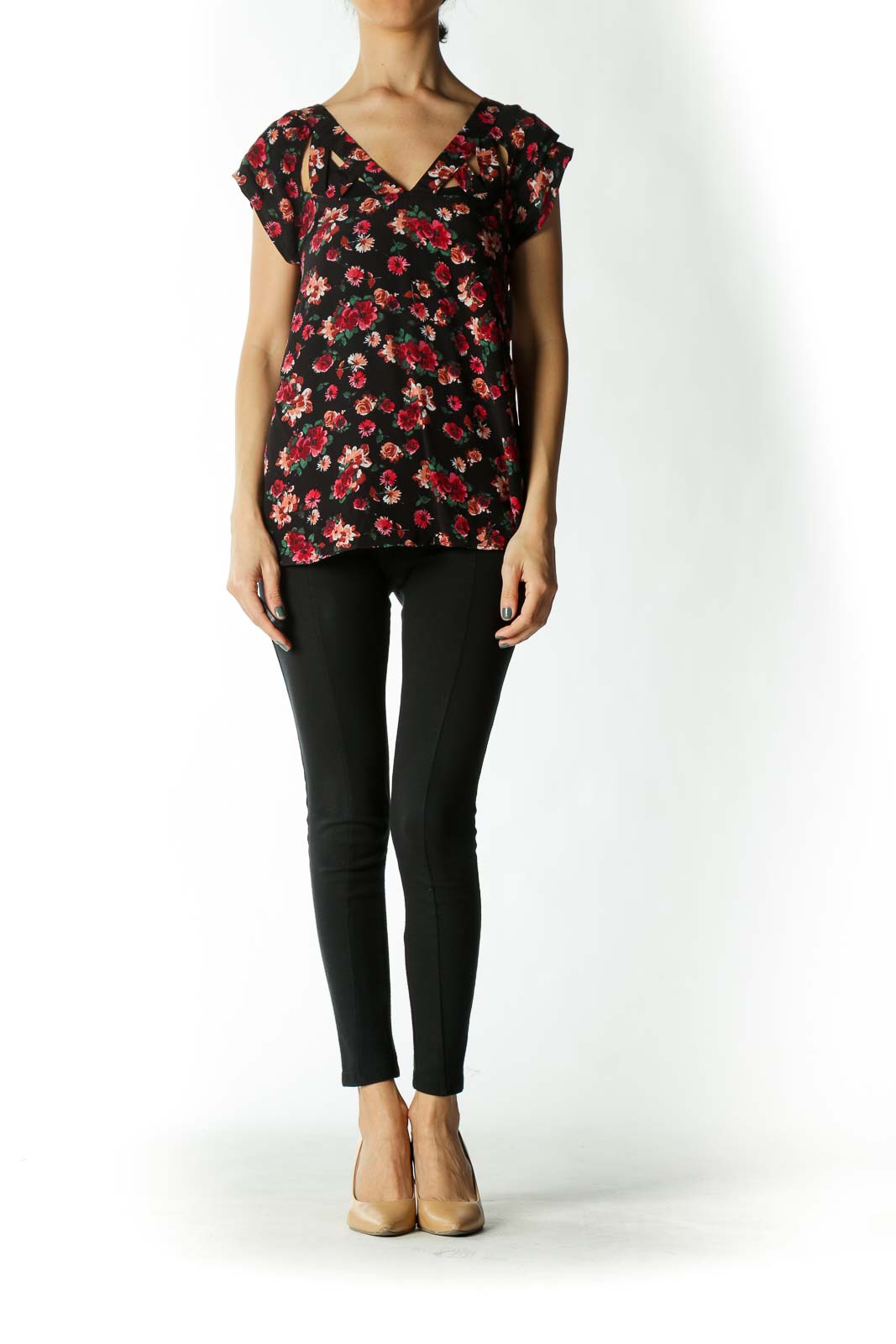 Black Red and Green Floral Cap-Sleeve Blouse with Cut-Out Collar Detailing